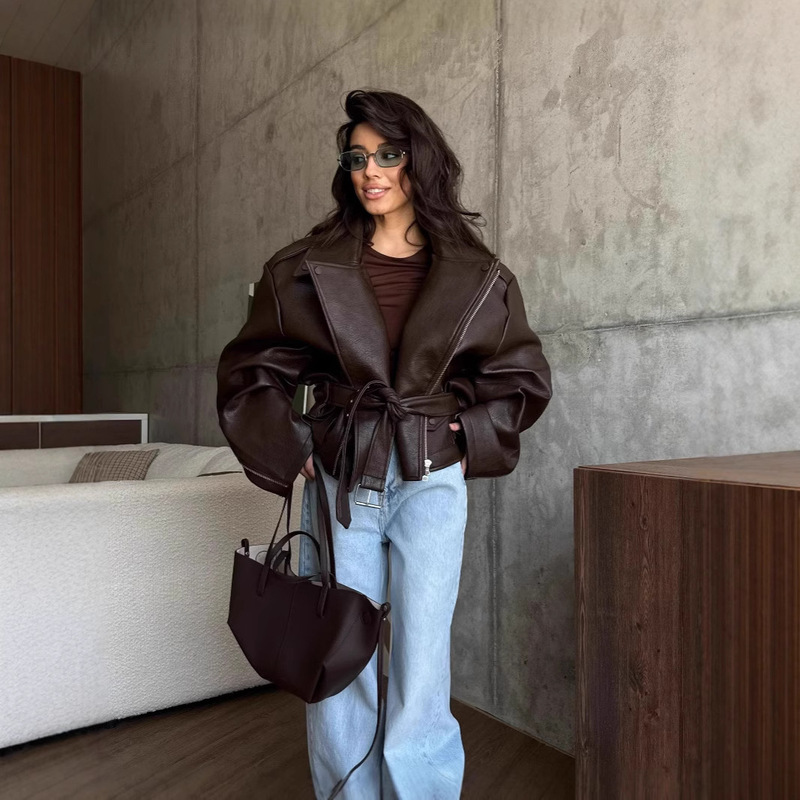 In Stock - Real Photos of High-Quality Short Pu Motorcycle Leather Jacket with Lapel and Belt, Cross-Border European and American Style, 2026 New Model