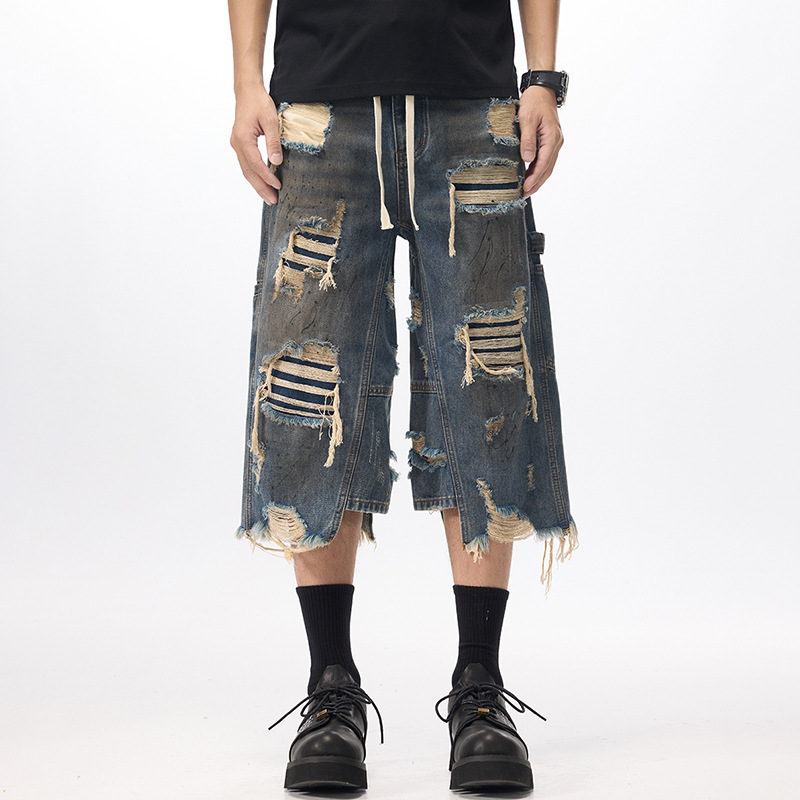 American High Street Ripped Dirty Jeans for Men, Niche Design, Trendy Brand, Handsome Street Style, Loose Straight Cropped Pants