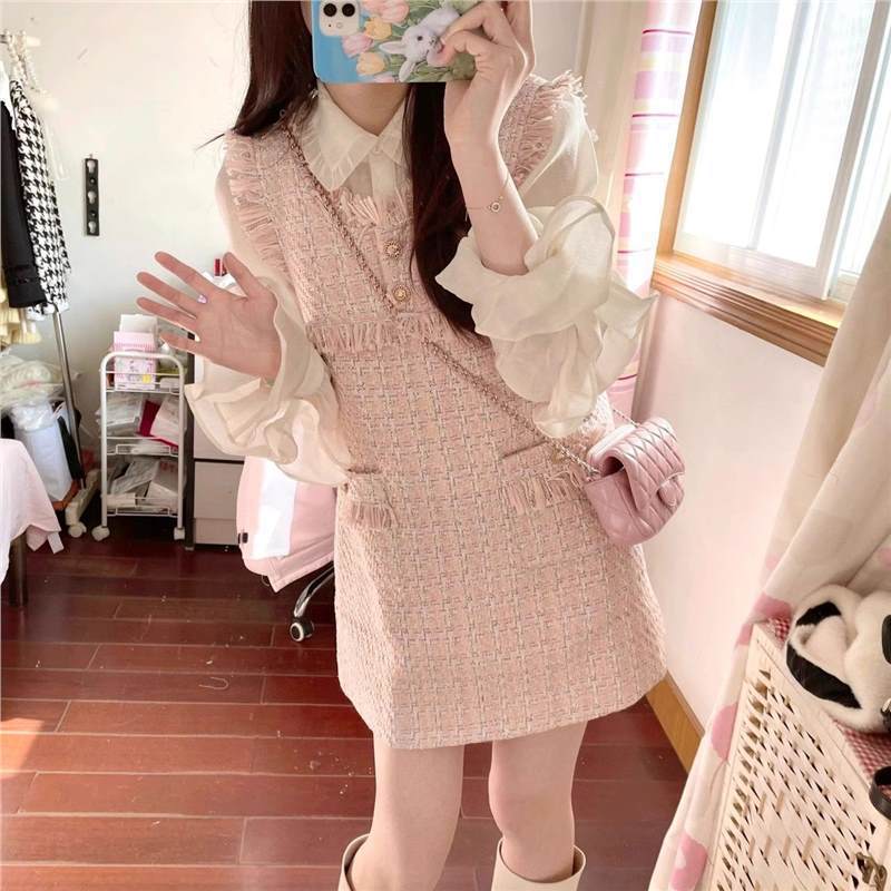 气质少女感减龄夏季新款甜美温柔粉色背心裙搭配泡泡长袖一整套女|undefined