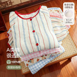 带胸垫双层纱布睡衣春秋绉布婴儿棉纱女纯棉大码月子服家居服套装