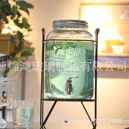 厂家供应4L 5L 8L 木把提手带龙头玻璃果汁罐 泡酒瓶甜品台 酵素