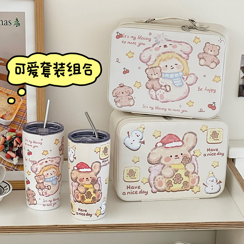 Caja de maquillaje de dibujos animados de alto valor facial portátil de gran capacidad para productos de cuidado de la piel caja de almacenamiento de acabado de cuero pu maleta de almacenamiento