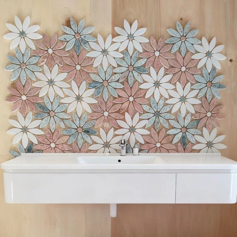 Green, Pink, and White Marble Daisy-Shaped Mosaic Tiles for Hotel Villa Bathroom Entrance and Bathroom Walls