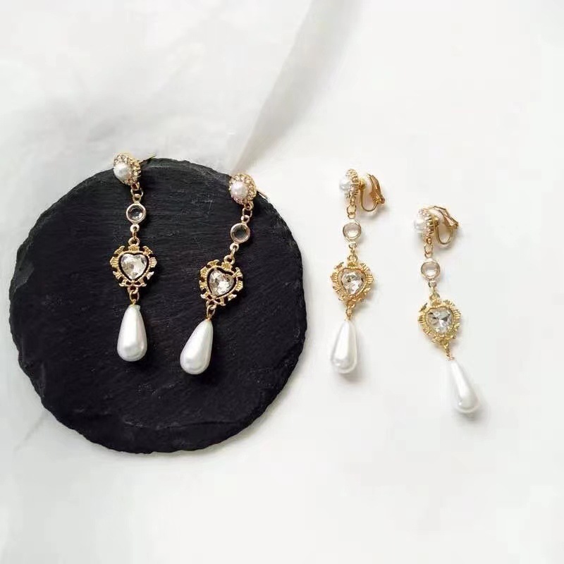 Retro earrings pearl heart shaped with zircon heart-shaped