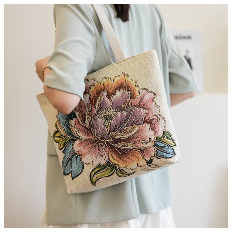 Double sided gold wire jacquard embroidered canvas student tutoring shoulder large capacity mommy bag, artistic style_voghion.com