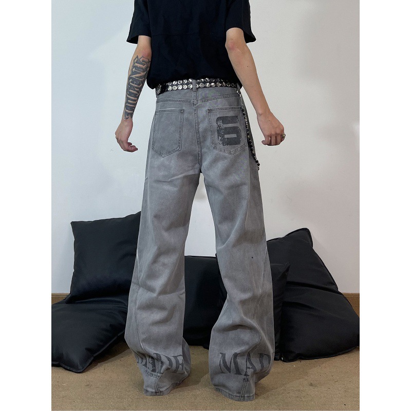 American High Street Style Washed Deconstructed Curved Blade Jeans For Men, Distressed And Vintage Style, With Vibe Letter Print_mkmklike.com