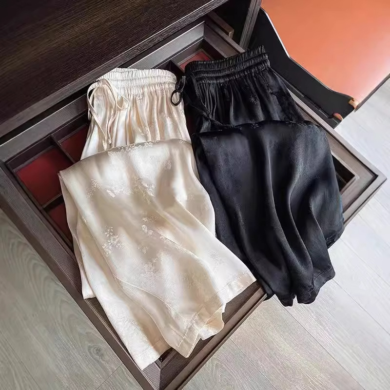 New Chinoiserie Acetate Satin Jacquard Thin Wide-Leg Pants for Women 2025Isn New High-Waisted Straight Floor-Length Pants for Slimming Look