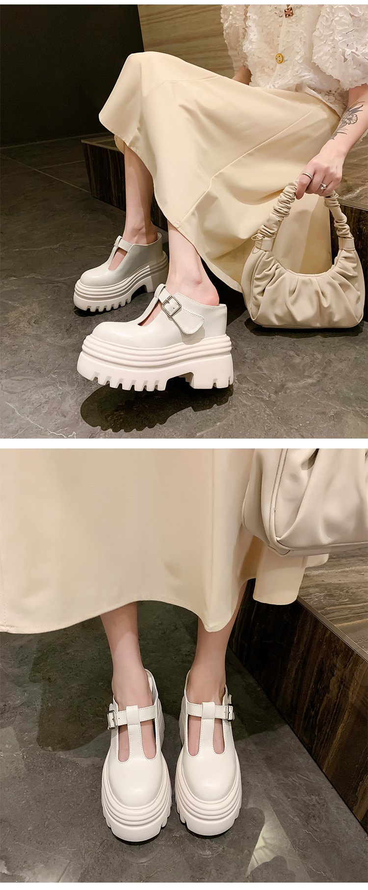 Dép mule nữ bít mũi đế xuồng cao 15cm khóa trang trí mùa hè — Màu trắng be 15cm, Màu trắng be 10cm, Màu trắng gạo 12cm, Màu đen 12cm chi tiết 14