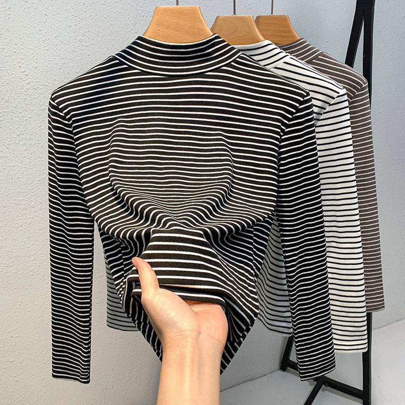 La Mitad de cuello alto de las mujeres que basa la camisa 2023 nuevo contraste de color rayas cepillado camiseta caliente Cintura interior apretado top image 5