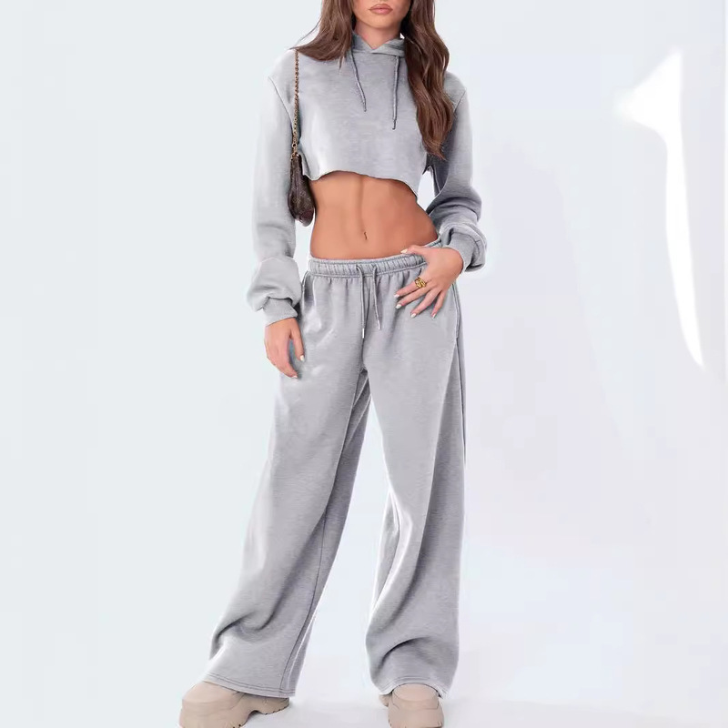 Amazon Cross-Border European and American Style Fleece-Lined Women's Loose Sports Pants Straight Wide-Leg Pants Outdoor Casual Sweatpants in Stock Wholesale