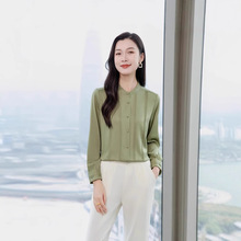 2025春季新款纯色压褶设计圆领真丝衬衫气质百搭女士上衣