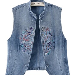 薄いデニムベストジャケット女性のための 2025 夏の新しい中国風の刺繍気質女性のトップベストベスト
