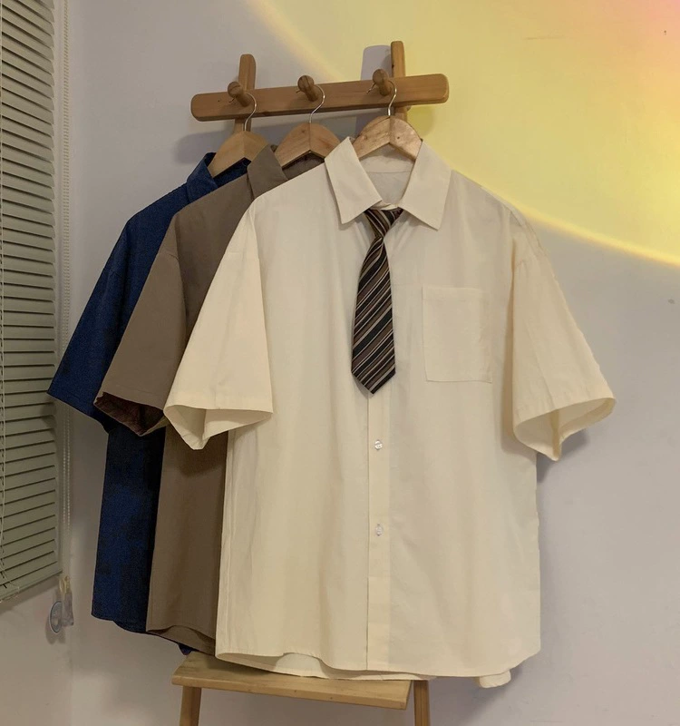 Brown Japanese shirt, uniform, with short sleeve, oversize