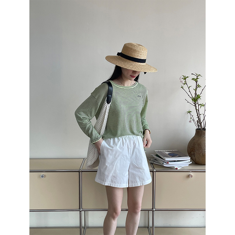 [Year-End Benefits Are Non-Refundable] Striped Embroidered Ice Silk Long T-Shirt for Women, Round Neck, Thin Sun Protection Cover-Up Xs8103