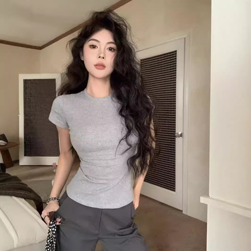 灰色短袖t恤女夏季修身显瘦叠穿内搭打底衫纯色外贸掐腰上衣|undefined