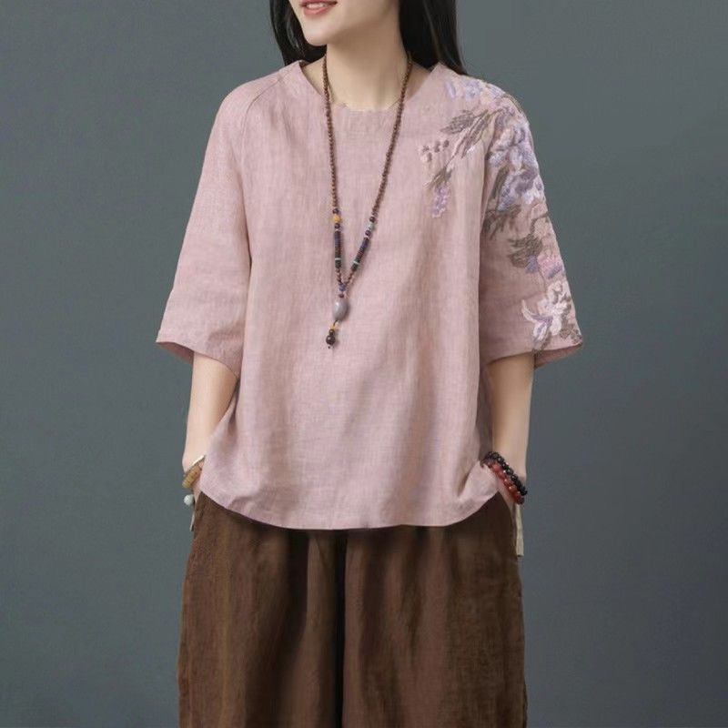 綿とリネンのトップス女性の薄い夏のエスニックスタイル刺繍大きいサイズルーズ文学レトロ中国スーツ女性の Tシャツ|undefined
