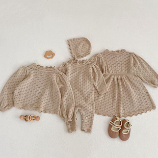 New Girls' Dress Knitted Princess Dress Spring and Autumn Baby Puff Sleeve Top Baby Crawling Suit Sister Outfit