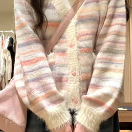 小香风彩虹条纹毛衣开衫女春装宽松慵懒风奶系领针织衫外套秋冬