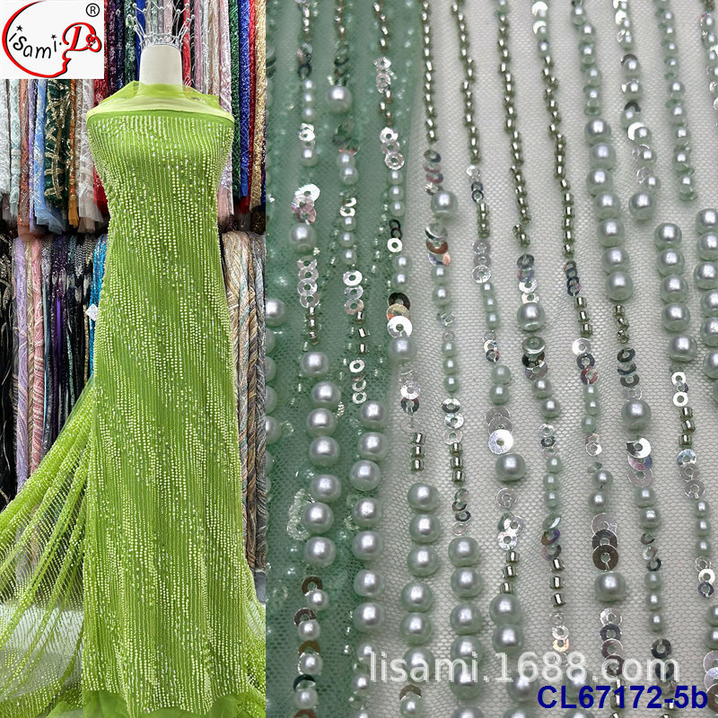 法式复古满幅泡珠亮片绣婚纱蕾丝面料 连衣裙礼服装网纱绣批发