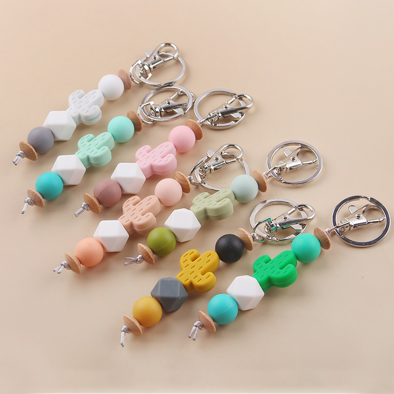 New Cartoon Cactus Teether Bead Keychain DIY Creative Silicone Beaded Bracelet Bag Pendant Trinket