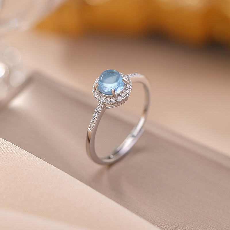 Nhẫn bạc S925 đính đá aquamarine hình học tròn lấp lánh — một mảnh