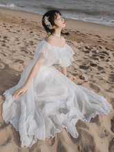 实拍2022 度假风沙滩裙荷叶边气质一字领雪纺连衣裙中长款 白色