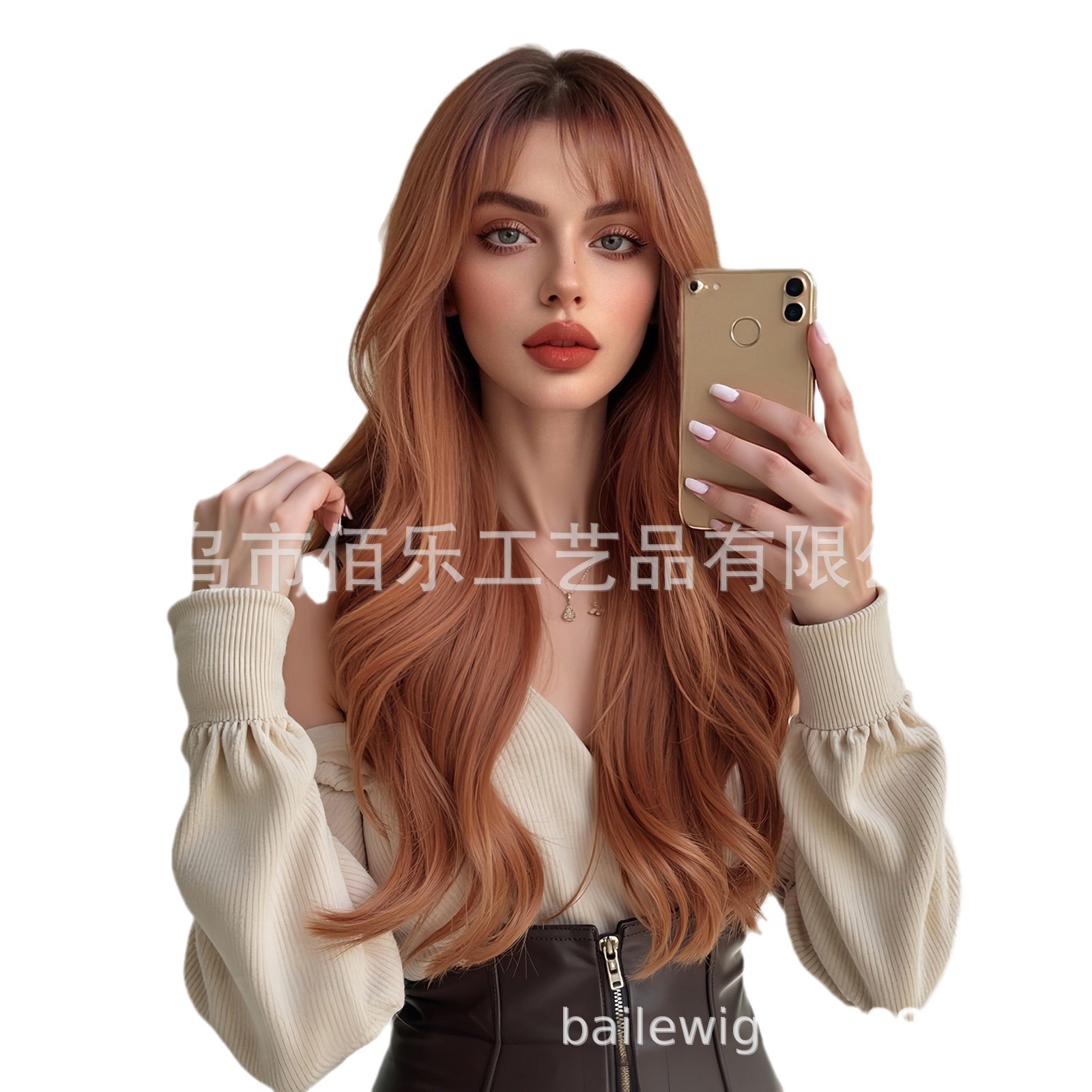 Transfronterizos venta caliente peluca naranja marrón gradiente cabeza completa con cabello rizado largo fibra química cabello de mujer al por mayor spot