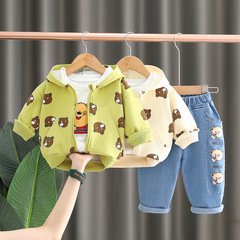 Boys' Autumn Set Suit 2023 New Arrival Korean Style Baby Bear Handshake Hooded Zipper Three-Piece Set
