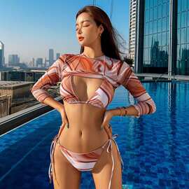 2023新款韩版性感分体三角比基尼长袖罩衫时尚修身显瘦印花绑带设