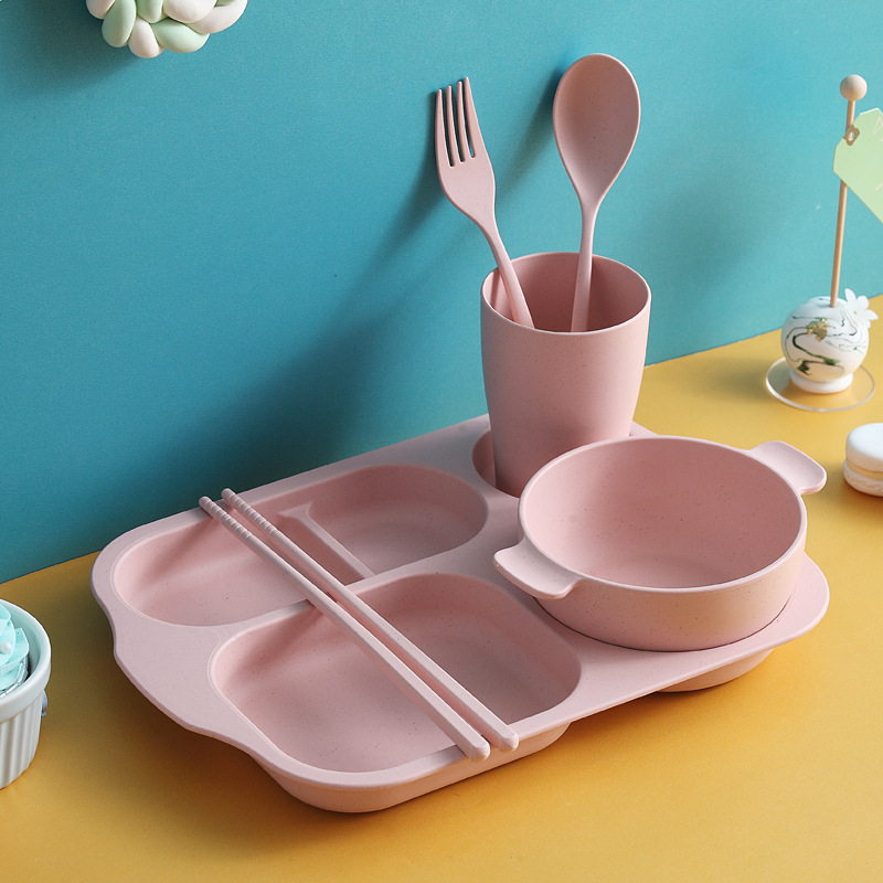 Wheat Straw Dish Set Japanese Kidsren's Tableware Student Divided Plate Rice Bowl Water Cup Spoon Fork Chopsticks Set