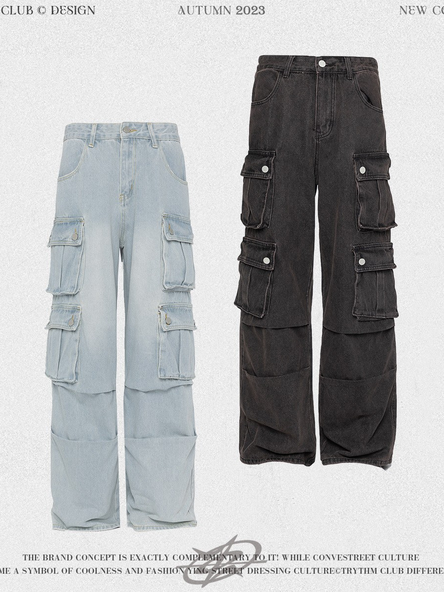 WHOOWAP American washed jeans vintage de pierna ancha recta azul pantalones sueltos multibolsillos