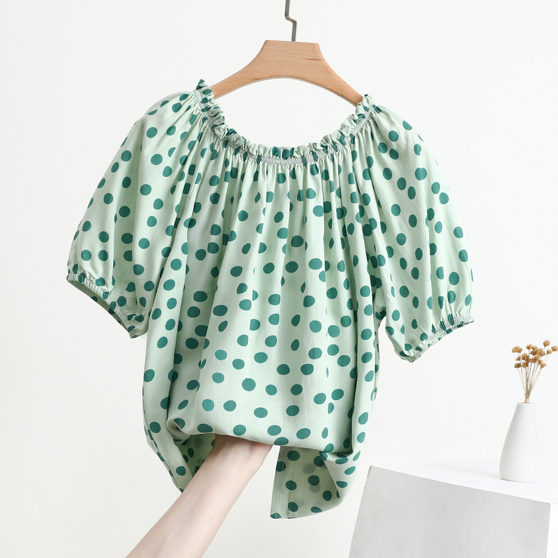 Fashionable One-Line Collar Puff Sleeve Youthful Babydoll Shirt, New Summer Style, Loose-Fitting, Slimming, Tummy-Covering Cotton Top Fashionable One-Line Collar Puff Sleeve Youthful Babydoll Shirt, New Summer Style, Loose-Fitting, Slimming, Tummy-Covering Cotton Top