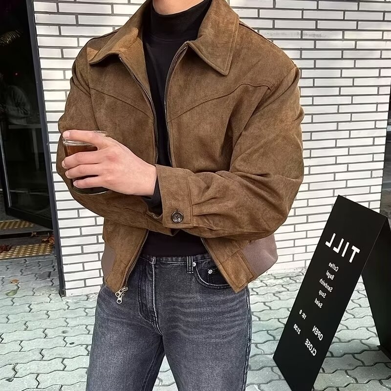 秋冬の韓国の紳士服の短いタイプのゆったりした襟のゆったりしたファスナーのスエードの面の飛行ジャケットの香港風のコートの潮|undefined