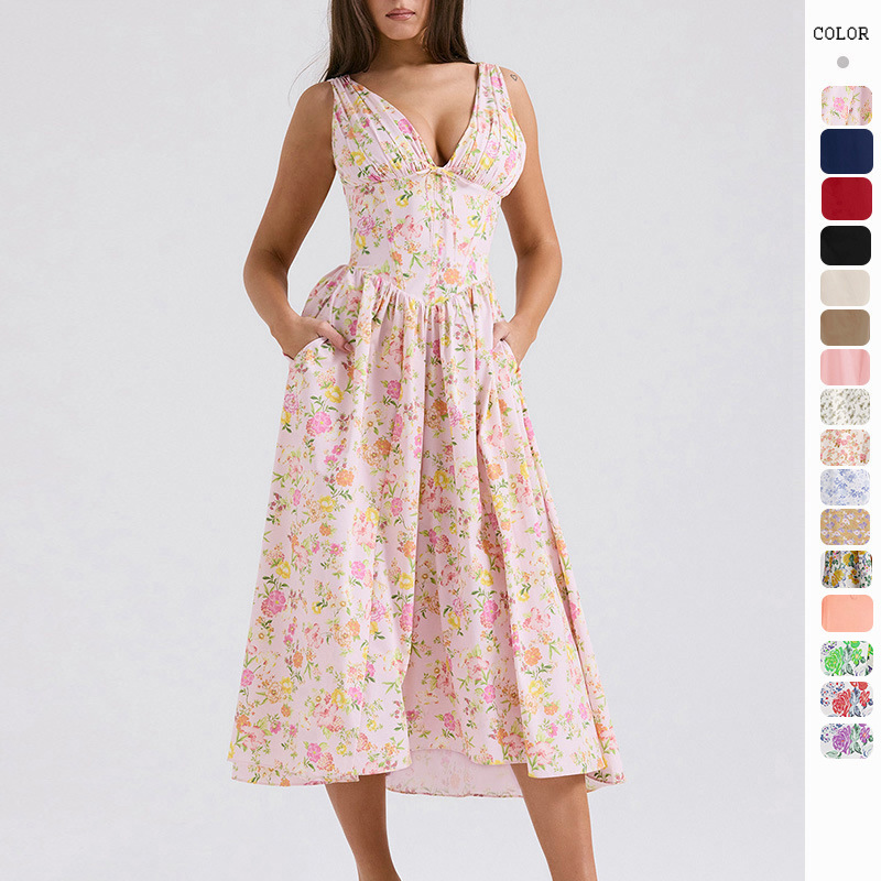 Independent Brand 2026 Summer New Slim-Fit Spaghetti Strap Long Dress European and American Style Fashion Printed V-Neck Elegant Dress