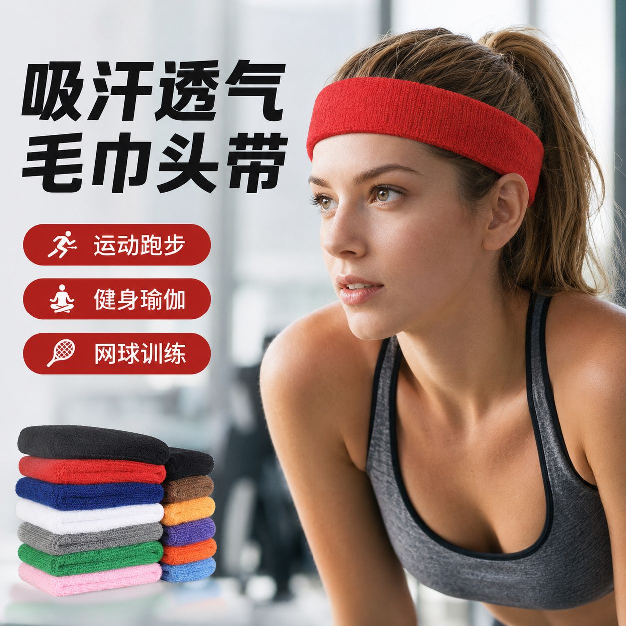 Forehead Sweatband, Solid Color Towel Cotton Elastic Headband, Sweat-Absorbing and Sweat-Blocking Protective Band, Running Sports Yoga Fitness Headband