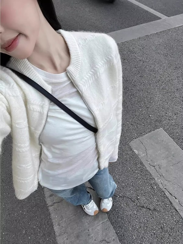 早秋穿搭上衣白色慵懒毛衣开衫外套女秋冬拉链宽松别致外搭针织衫|undefined