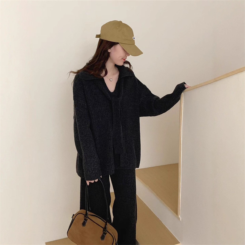 慵懒风毛衣套装女秋冬新款韩系时尚休闲系带上衣针织阔腿裤两件套|undefined