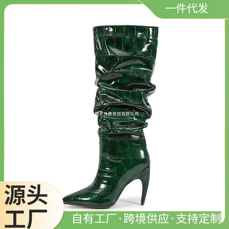 European and American Mid-Calf Boots New Style Slip-On Pointed Heel 2025 Kitten Autumn and Winter Knee-High Burgundy Cross-Border Large Size Wholesale