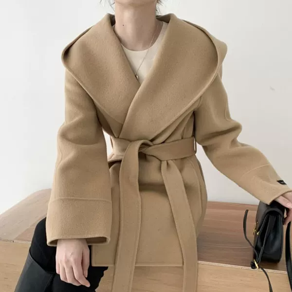 Korean chic Autumn French Temperament Hooded Pocket Design Strap Waist Slimming Solid Color Long Sleeve Woolen Jacket