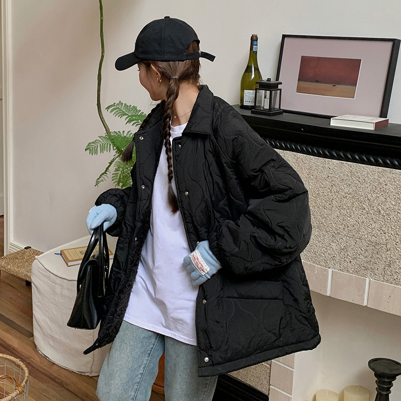 多巴胺彩色菱格棉服女新款复古外套面包服宽松内底羊羔毛韩版棉衣|undefined