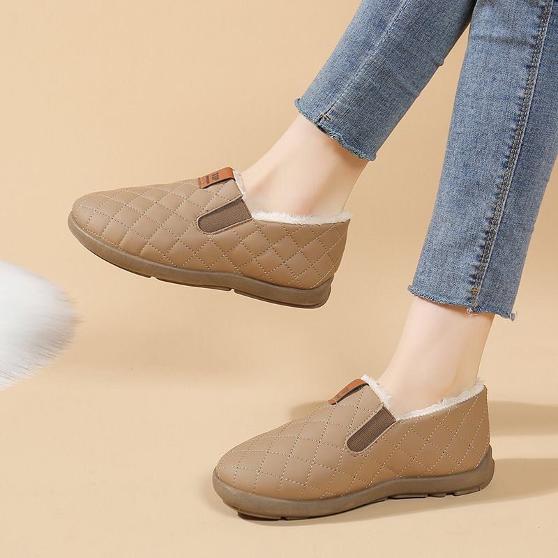 Giày lười nữ xỏ chân đế bằng lót lông giữ ấm — A88 vải cotton kẻ ô - màu nâu cà phê, A88 vải cotton kẻ ô - màu đen, A88 Vải cotton kẻ ô - Màu nâu cà phê [Hộp], A88 Vải cotton kẻ ô - Đen [Hộp]