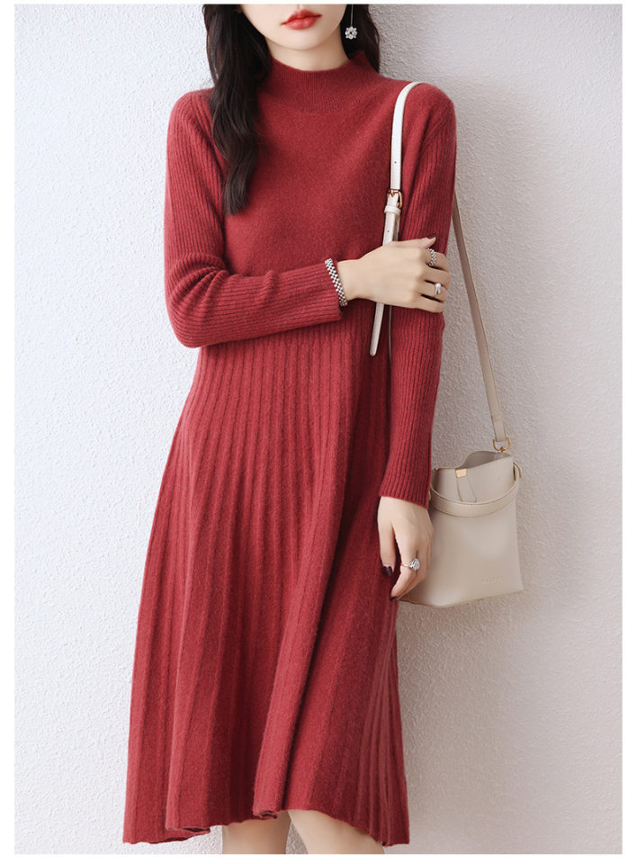 Váy len dài cổ lọ nửa cao dáng ôm eo cao chất liệu len — Màu Camel sữa, Màu tím, Màu đen, Nâu Mocha chi tiết 22