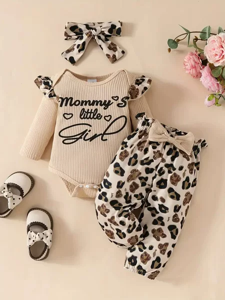 Cross-border Spring and Autumn Explosions Long Sleeve Letter "Mother's Little Girl" Printed Triangle Ha Clothes Bow suit