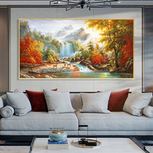 现代简约山水风景瀑布聚宝盆客厅手绘油画美式沙发挂画欧式装饰画