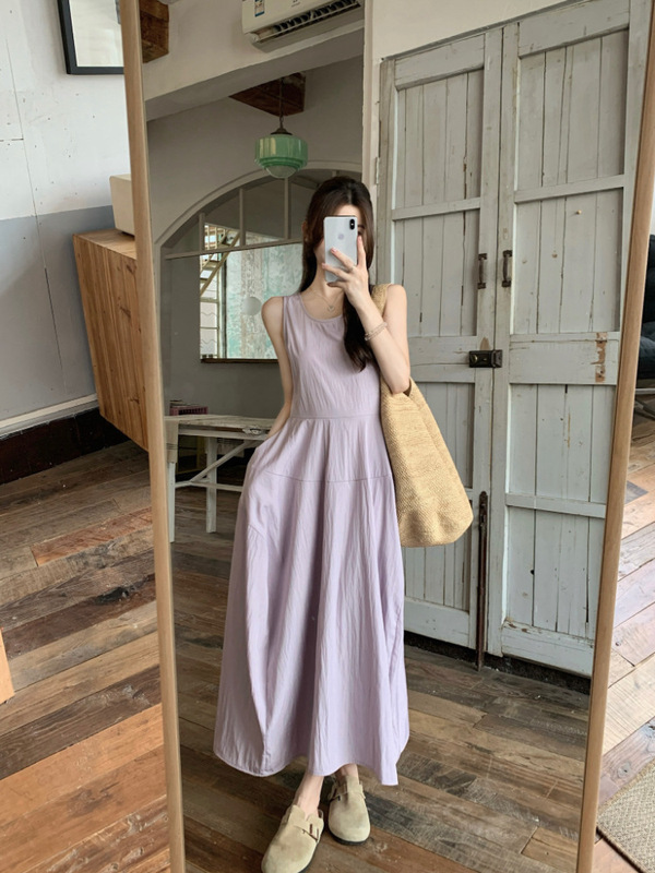 实拍 韩系圆领无袖蓬蓬花苞裙女夏度假风设计收腰背心连衣裙86427|undefined