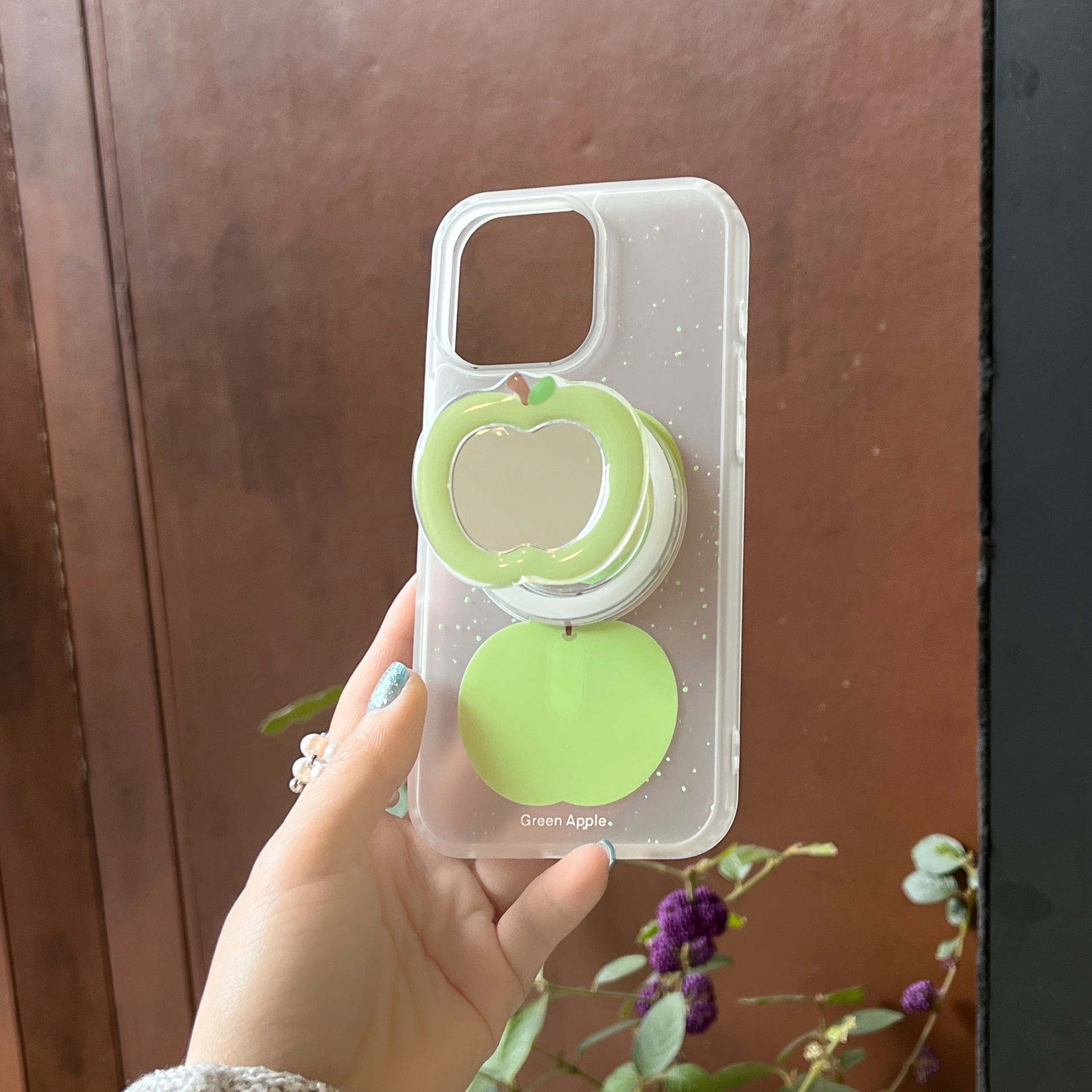 Soportes de espejo de manzana verde con salpicaduras de tinta para estuche para teléfono móvil Apple 16ProMax 15/14 nuevo 13 verano 15Pro femenino