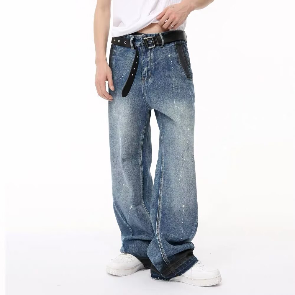 Men's Oversized Relaxed Fit Jeans Streetwear Splatter Wash Vintage Blue Paint Effect Denim (XS-3XL)_mkmklike.com