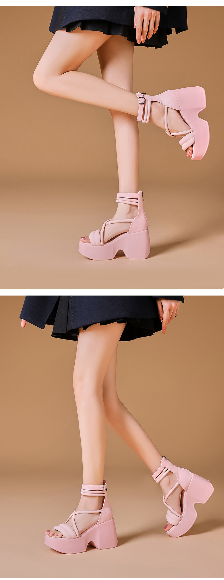 Sandal cao gót La Mã hở mũi đế platform dây kéo sau gót 10 cm — Màu đen, Màu hồng, Màu trắng be chi tiết 9