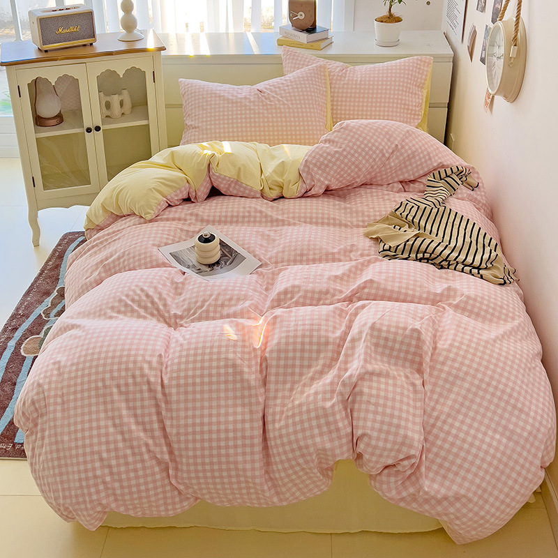 Washed Cotton Bedding Set Minimalist Plaid Design For Students_voghion.com