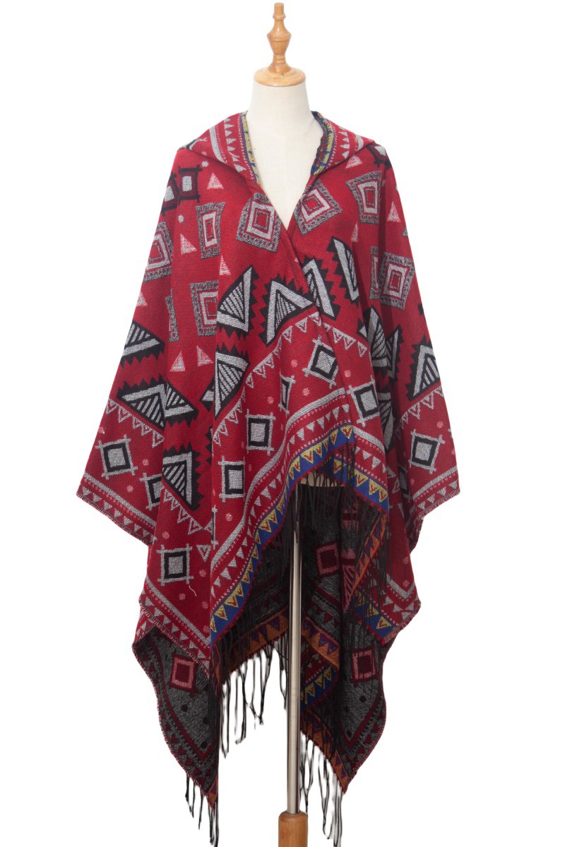 Unisex Hooded cape Winter travel jacquard fringed shawl for women_viptrois.com